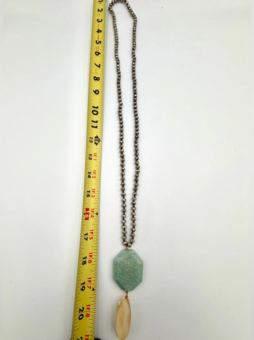 Green Hexagon Stone Necklace with Beige Drop Charm - Picture 4 of 4